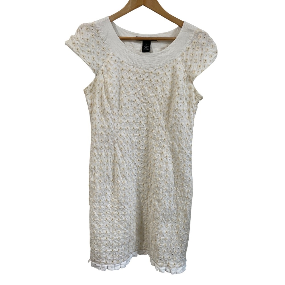 Willi Smith Dress Womens 10 Cottagecore White Floral Eyelet Cotton Ruffle Hem